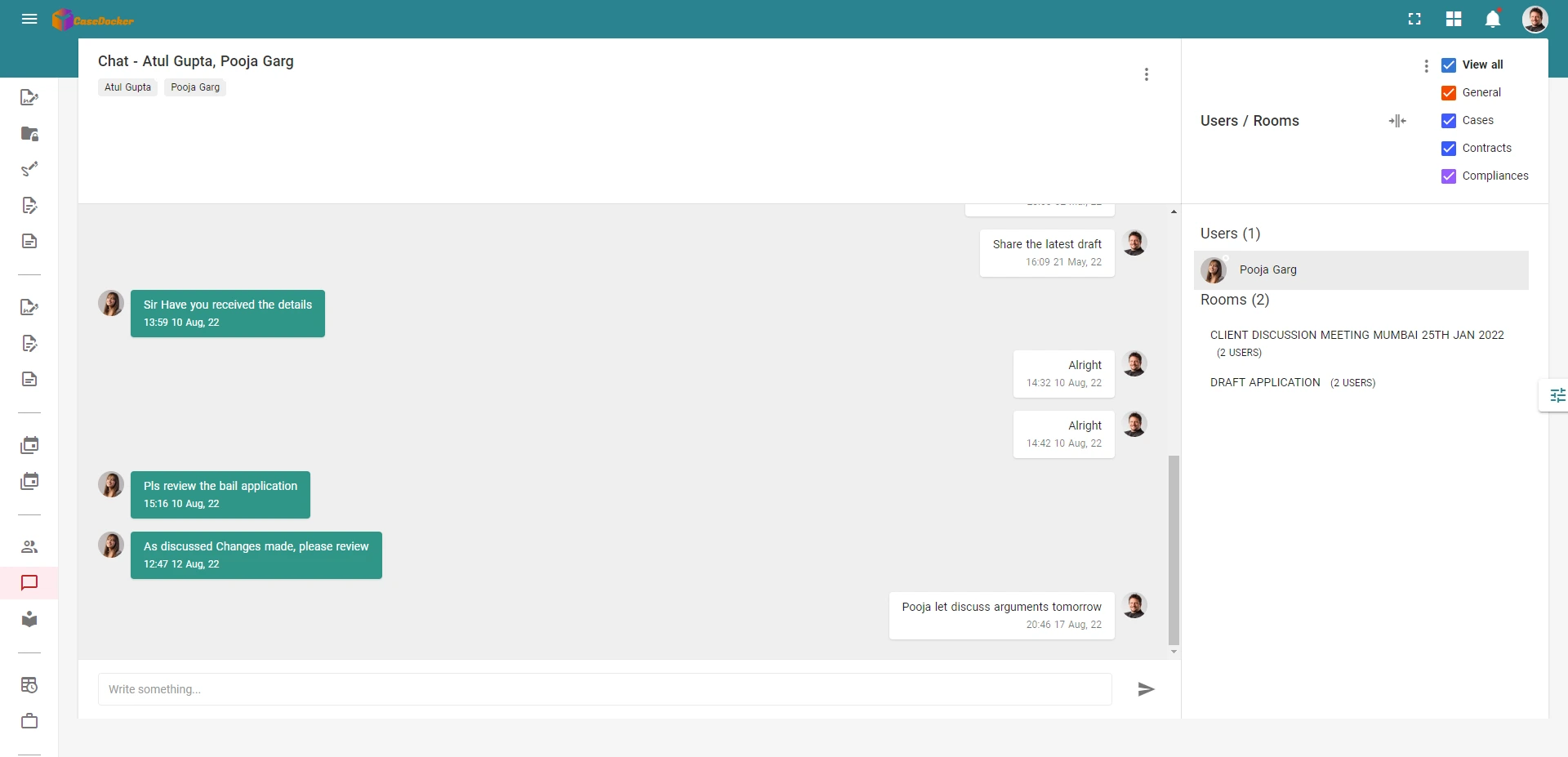 Legal team using chat feature for case collaboration