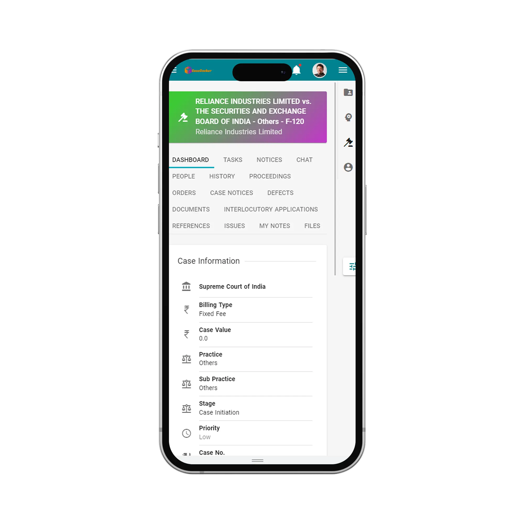 Mobile interface of the CaseDocker app