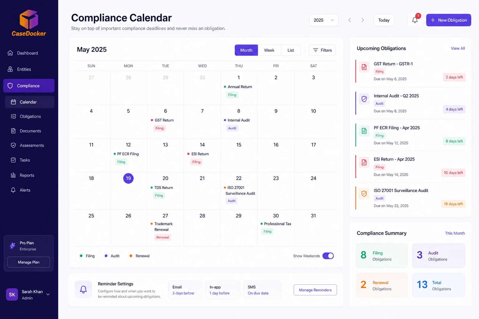 Compliance calendar with regulatory dates and owner assignments